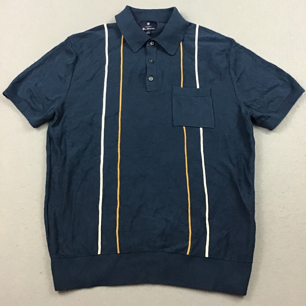 Ben Sherman Shirt Men Medium Blue Vertical Stripe Knit Short Sleeve Polo Pocket